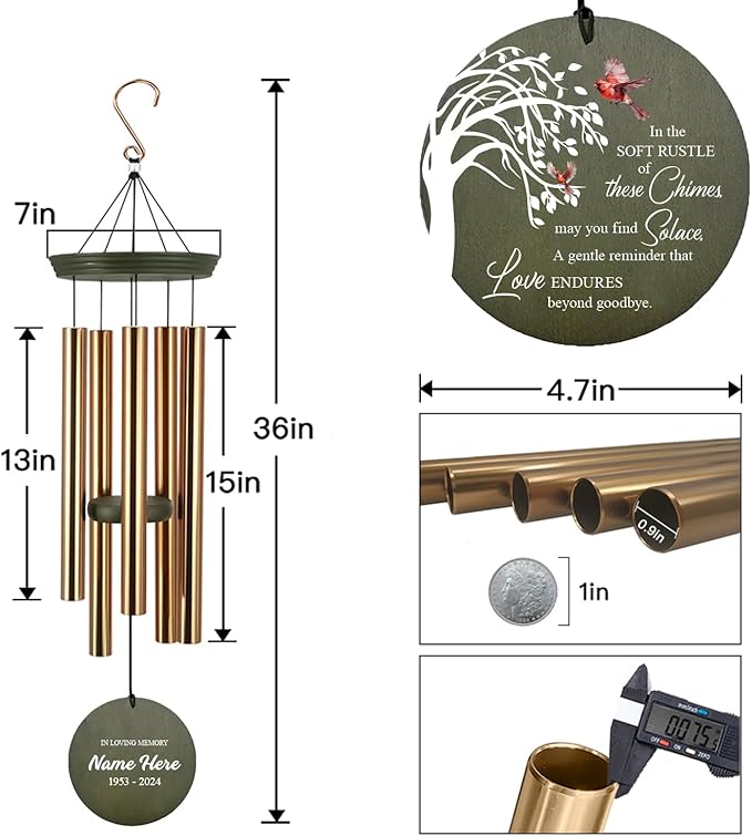 Personalized Sympathy Wind Chime, Condolence Gifts Wind Chimes for Outside, Memorial Wind Chimes Outdoor Deep Tone Sympathy, Memorial Bereavement Gifts for Condolences/Funeral, Product in USA