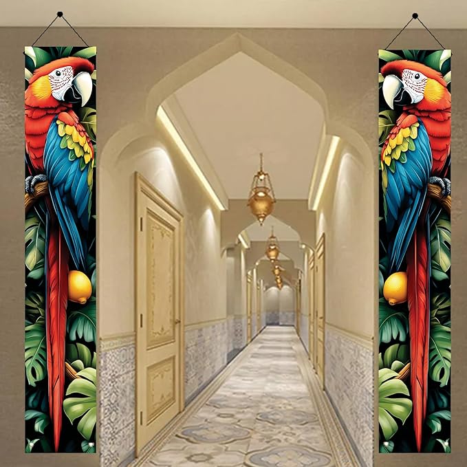 Tropical Parrot Porch Banners 71x12 Inch Summer Luau Party Decorations Colorful Macaw Hanging Door Signs Jungle Leaves Citrus Fruits Outdoor Patio Welcome Banner for Home Decor