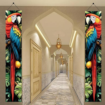 Tropical Parrot Porch Banners 71x12 Inch Summer Luau Party Decorations Colorful Macaw Hanging Door Signs Jungle Leaves Citrus Fruits Outdoor Patio Welcome Banner for Home Decor