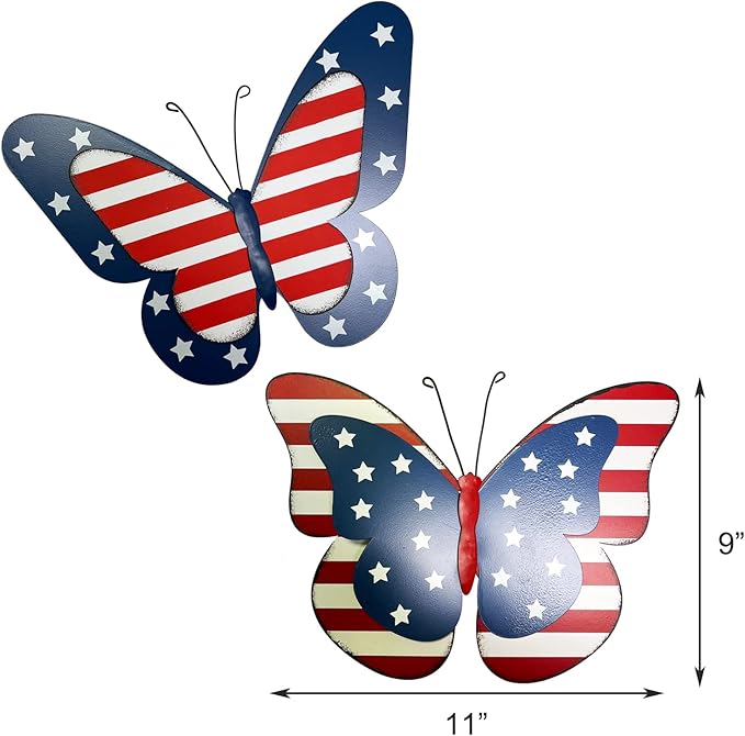 YUMBOR Set of 2 Rustic Metal Americana Butterfly Patriotic Wall Decor American Flag Hanging Ornaments 4th July Garden Yard Signs Independence Day Indoor Outdoor Wall Decorations
