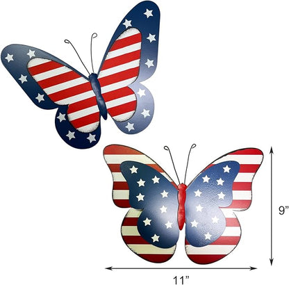 YUMBOR Set of 2 Rustic Metal Americana Butterfly Patriotic Wall Decor American Flag Hanging Ornaments 4th July Garden Yard Signs Independence Day Indoor Outdoor Wall Decorations