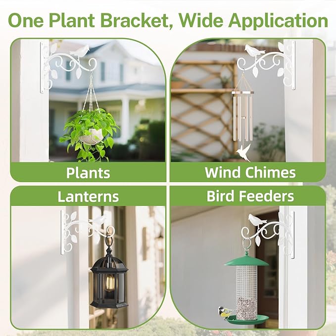 iDavosic.ly Plant Hangers Outdoor 2-Pack, 12 Inch Heavy Duty Iron Wall Brackets for Hanging Plants, Baskets, Bird Feeders, Lanterns, Wind Chimes, Indoor Metal Hooks for Garden Porch Patio, White