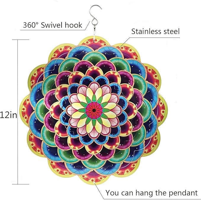Floral Metal Wind Spinner Outdoors 12 Inch 3D Hanging Wind Spinner for Outdoor & Indoor Decor, Garden Yard & Porch Ornament, Unique Kinetic Sculpture Gift for Women - Christmas Thanksgiving Decoration