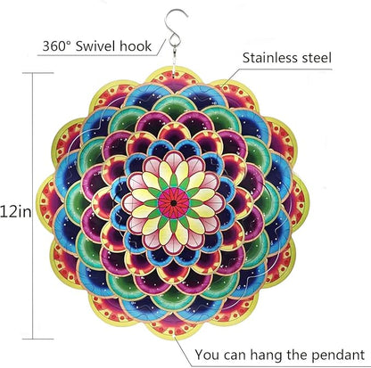 Floral Metal Wind Spinner Outdoors 12 Inch 3D Hanging Wind Spinner for Outdoor & Indoor Decor, Garden Yard & Porch Ornament, Unique Kinetic Sculpture Gift for Women - Christmas Thanksgiving Decoration