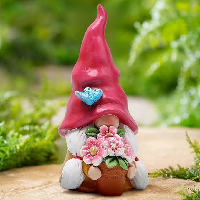 Hodao Spring Gnome Decoration Flower Elf Ornaments Decor Gifts Summer Gnome Figurines for Garden Decor Spring Sculptures Gifts for Outdoor Decor for Mom, Grandma (Red)