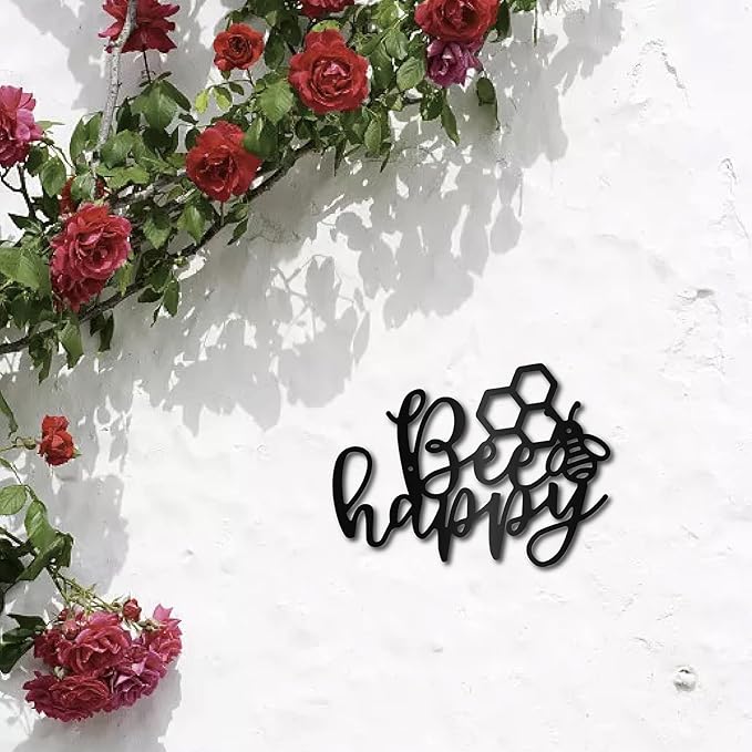 CREATCABIN Bee Happy Metal Wall Art Decor Wall Sculpture Hanging Decoration Sign Iron Outline Wall Art Black Rustic Decor Ornament Wall for Garden Indoor Outside Living Room Home Office 12 x 8.7Inch
