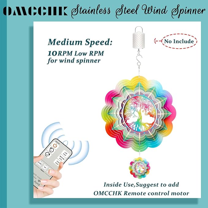 Wind Spinners Outdoor Garden Decor, 12In Stainless Steel Spinfinity Wind Spinner, Wind Chimes for Outside, 3D Kinetic Hanging Sculpture Suncatcher, Metal Yard Art Ornament, Tree of Life Decor