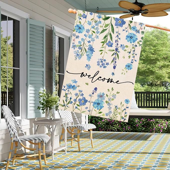 Baccessor Summer Welcome House Flag 28 x 40 Inch Funny Blue Floral Spring Garden Yard Flag Burlap Double Sided Vertical Seasonal Farmhouse Wedding Outdoor Decoration