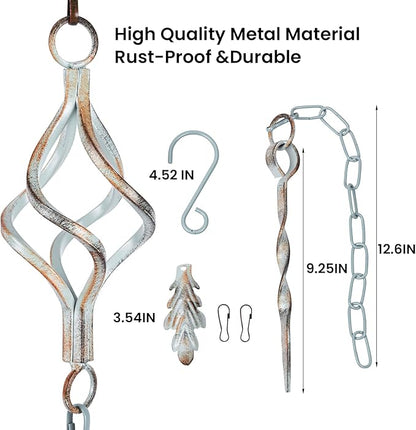 Rain Chain Bird Cage Set 8.5Ft, Not Rust Wrought Iron Rain Chains for Gutters with Adapter Gotta Drain and Sturdy Anchoring Stake,13 Birdcage, 1 Hook, Adjustable Length for Garden (Cyan)