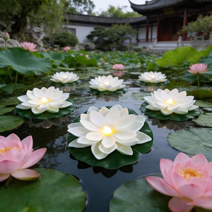 Accssoey 14 PCS Waterproof Floating Lotus Light, Floating Flower Light Battery Operated Water Activated Warm White Pool Flower Lamp Wedding,Anniversary,Garden Decoration