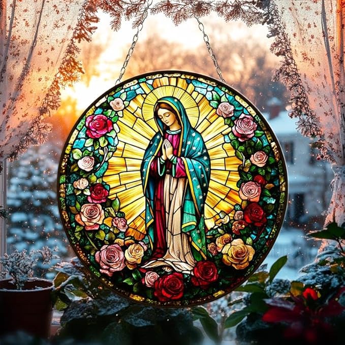 Flower Rose Window Hanging Suncatcher Faux Stained Hummingbirds and Flowers for Women Elegant Home Wall Decor Suncatchers Indoor Window Suncatchers Windows