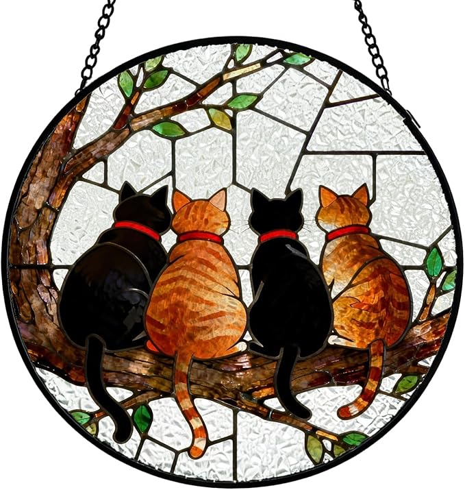 Black and Orange Cat Tree Stained Glass Window Hanging, Four Cats on Tree Branch Suncatcher Indoor Window Glass Round Wall Art Decor, 7.9x7.9 Inch