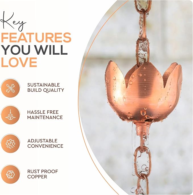 Copper Rain Chain – Decorative Chimes & Cups Replace Gutter Downspout & Divert Water Away from Home for Stunning Fountain Display – 8.5’ Long for Universal Fit – Flower Style
