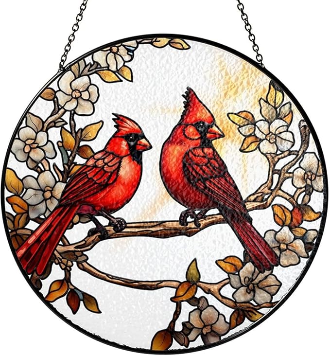 7.8" Cardinals Stained Glass Suncatcher, Red Birds Suncatcher for Window Hanging, Decor for Home Garden Housewarming, Cardinal Gift for Women, Girl, Mom, Grandma, Friend BIRD-41B-SG8