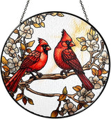 7.8" Cardinals Stained Glass Suncatcher, Red Birds Suncatcher for Window Hanging, Decor for Home Garden Housewarming, Cardinal Gift for Women, Girl, Mom, Grandma, Friend BIRD-41B-SG8