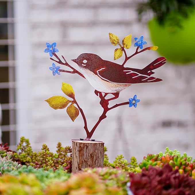 Wrought Iron Bird Decoration Metal Iron Art Animal Bird Hanging Ornaments Cute Bird Art Iron Sculpture Creative Outdoor Silhouettes Garden Crafts for Garden (red Blue)