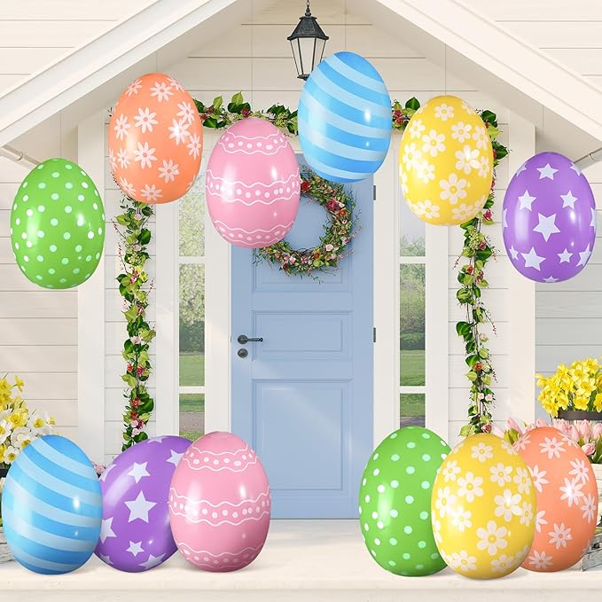 18 Pieces 12 Inch Inflatable Easter Eggs Easter Outdoor Yard Decoration Large Inflatable Hanging Eggs Ornaments Giant PVC Kids Toys for Garden Lawn Party Decor
