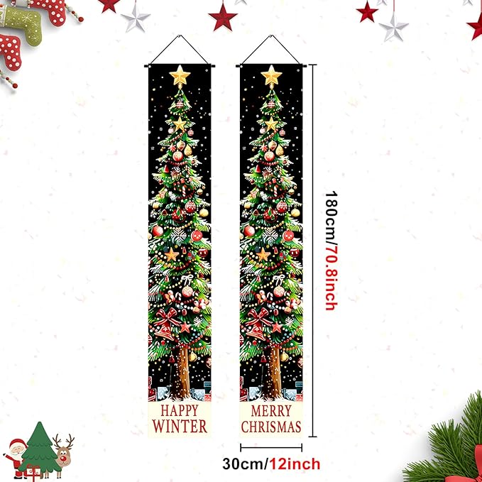 BlissYard Xmas Tree Banner Happy Winter Christmas Door Banner Holiday Wall Hanging Decoration with Red Green Gold Ornament Design Vertical Door Entryway Banner for Indoor Outdoor Seasonal Home Decor