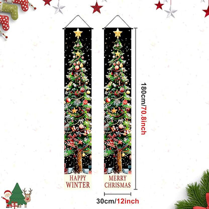 BlissYard Xmas Tree Banner Happy Winter Christmas Door Banner Holiday Wall Hanging Decoration with Red Green Gold Ornament Design Vertical Door Entryway Banner for Indoor Outdoor Seasonal Home Decor