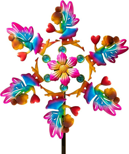 44" Flower Fairy Garden Wind Spinners - Metal Outdoor Stakes Kinetic Wind Spinner Windmills Decor, Wind Sculpture Yard Art Decorations for Patio, Lawn & Garden