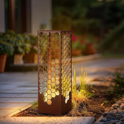 Sumind 24 Inch Honeycomb Garden Column Rust Steel Statue, Outdoor Yard Sculpture, Metal Patio Landscape Decor, Beehive Art Column for Lawn, Porch, Backyard Decoration, Modern Garden Ornament