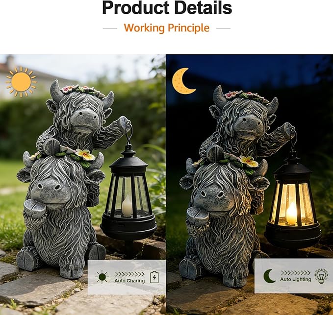 Solar Garden Outdoor Statues Lantern Figurines Light Decorations for Outdoor Patio Balcony Yard Lawn, Ideal Gifts for Mom Friends (Cement Gray- Cow)