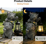 Solar Garden Outdoor Statues Lantern Figurines Light Decorations for Outdoor Patio Balcony Yard Lawn, Ideal Gifts for Mom Friends (Cement Gray- Cow)