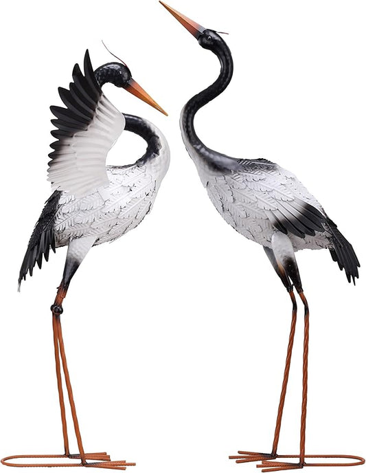 TERESA'S COLLECTIONS Yard Decorations Outdoor Garden Statues, White Metal Crane Yard Art, 33-39" Lawn Ornaments for Backyard,Outside Porch,Patio,Heron Decoy Bird Garden Decor,Set of 2,Gifts for Mom
