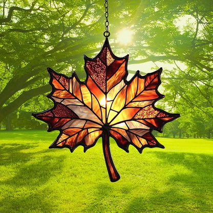 Autumn Maple Leaf Acrylic Suncatcher Stained Glass Effect Window Car Hanging Christmas Ornament Indoor Outdoor Decor Garden Sun Catcher Panel for Maple Leaf Lover for Women Mom Grandma
