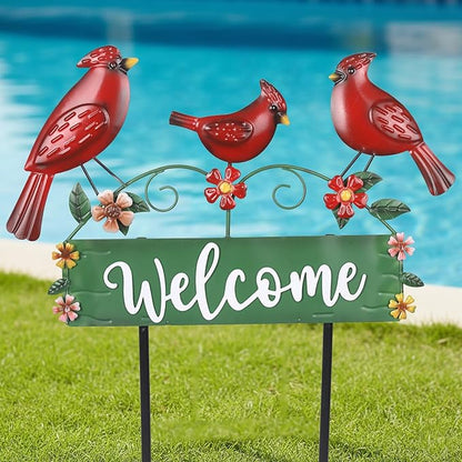 42.5inch Cardinal Garden Stake with Welcome Yard Sign and Metal Flowers for Outdoor Garden Decor, Cardinal Yard Decor for Outdoor Lawn Ornaments