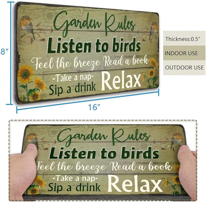 Retro Garden Rules Sign Vintage Signs for Home Porch Patio Yard Shed Decor Hanging Garden Plaque Listen to Birds Quotes by 16''x8''