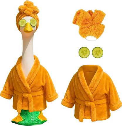 Lady Porch Goose Outfit for 23'' Lawn Statue, Winter Goose Statue Clothes, Yellow Bathrobe Cucumber Mask for Outdoor Garden Lawn Yard Patio Decoration