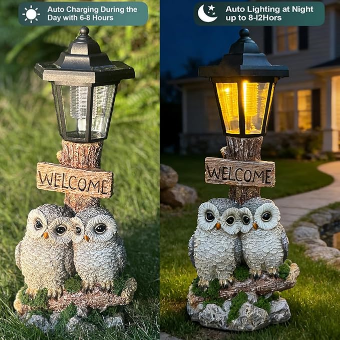 Outdoor Garden Owl Statue with Solar Lights, Owl Figure with Welcoming Sign, for Outdoor Landscapes, Courtyards, Paths, Outside Patio Lawn Decor, Gifts for Women, Owl Lovers