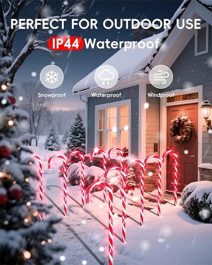 COOLWUFAN 12 Pack Christmas Candy Cane Pathway Markers, 17'' Christmas Outdoor Decorations Pathway Lights with 60 Warm Lights for Indoor and Outdoor Xmas Holiday Party Patio Yard Decor