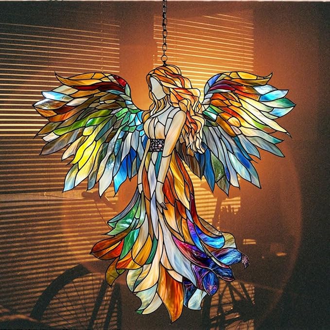 Rainbow Angel Tiffany Style Acrylic Suncatcher Stained Glass Effect Window Car Hanging Christmas Ornament Indoor Outdoor Decor Garden Sun Catcher Panel for Angel Lover for Women Mom Grandma