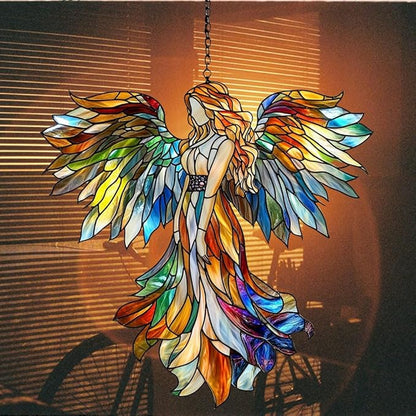 Rainbow Angel Tiffany Style Acrylic Suncatcher Stained Glass Effect Window Car Hanging Christmas Ornament Indoor Outdoor Decor Garden Sun Catcher Panel for Angel Lover for Women Mom Grandma
