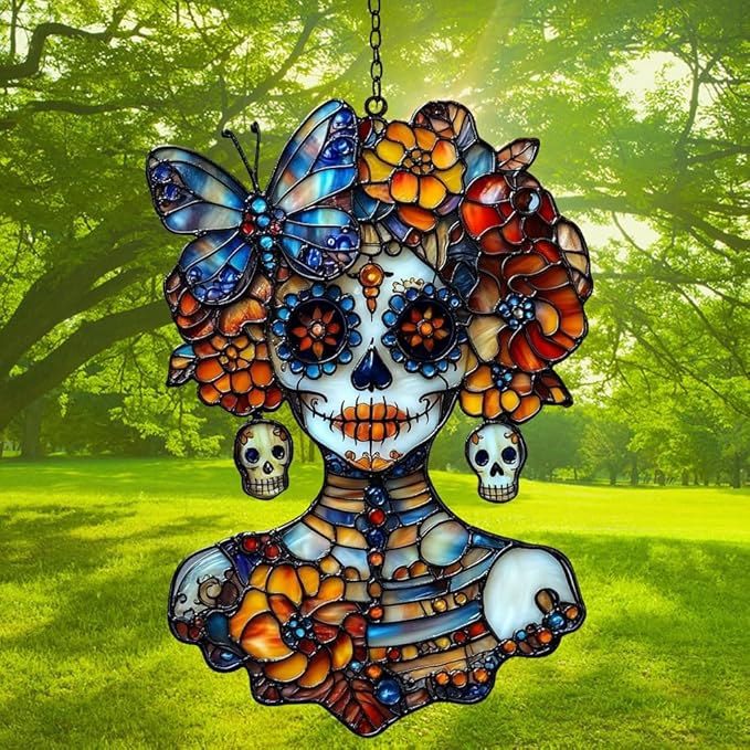 Floral Skeleton Acrylic Suncatcher Stained Glass Effect Window Car Hanging Christmas Ornament Indoor Outdoor Decor Garden Sun Catcher Panel for Sugar Skull Lover for Women Mom Grandma