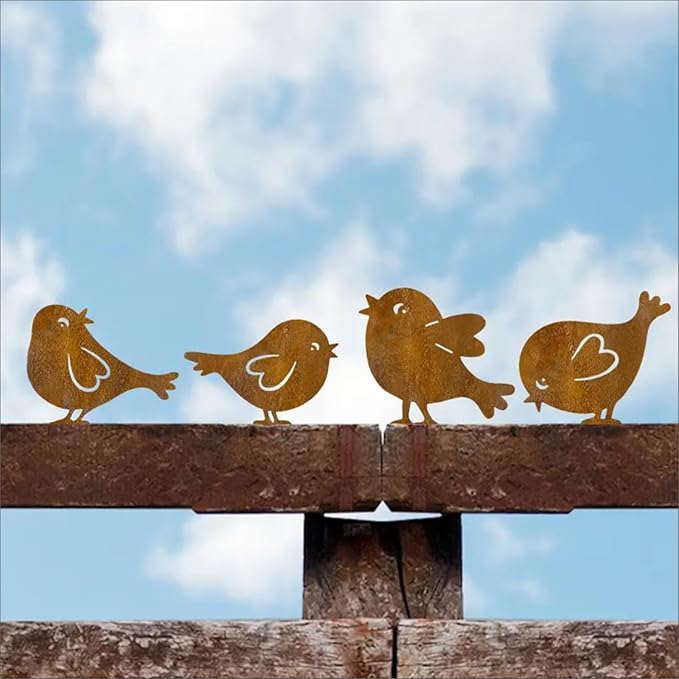 Rusty Birds Decoratio Metal Bird Art Silhouettes Courtyard Garden Déco rand Courtyard Garden Rustic Outdoor Décor Backyard Fence Décor 4Piece Metallic Rust-Colored