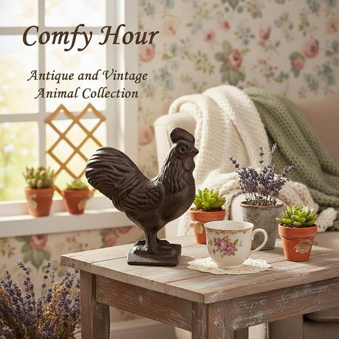 Comfy Hour 3.5" Cast Iron Rooster Figurine, Rustic Farmhouse Kitchen Decor, Vintage Brown Chicken Statue for Indoor Outdoor Garden Shelf Mantel, Country Home Office Ornament, 1 pc