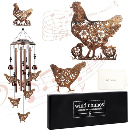Chicken Wind Chimes for Outside - Chicken Gifts Rooster Decor for Women Men, Metal Memorial Wind Chimes for Outdoor, Porch Garden Decor, Birthday Housewarming Christmas Mother's Day Present
