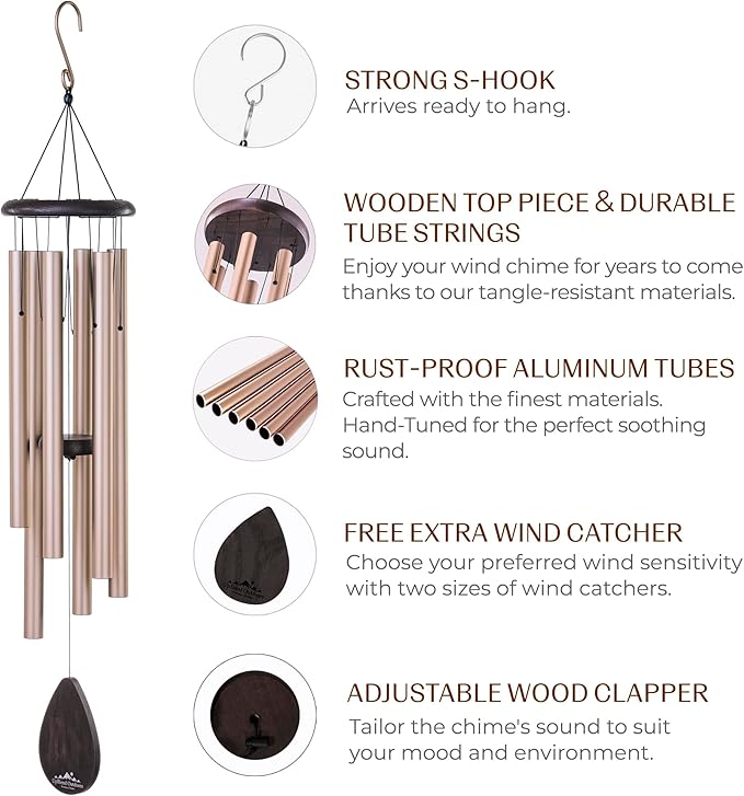 UpBlend XL Wind Chimes for Outside Gift – Deep Tone Wind Chime with Decorative Stone – Porch & Patio Decor, Elegant Outdoor Ornament, Garden Gifts. 38” Gold.
