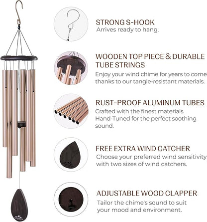 UpBlend XL Wind Chimes for Outside Gift – Deep Tone Wind Chime with Decorative Stone – Porch & Patio Decor, Elegant Outdoor Ornament, Garden Gifts. 38” Gold.