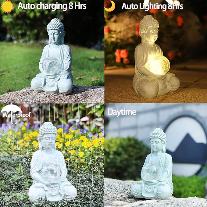Buddha Garden Statue with Solar Light, Solar Meditating Garden Buddha with Cracked Glass Ball Sculpture-Indoor/Outdoor Decor for Balcony,Patio,Porch Yard Art Ornament,Gift