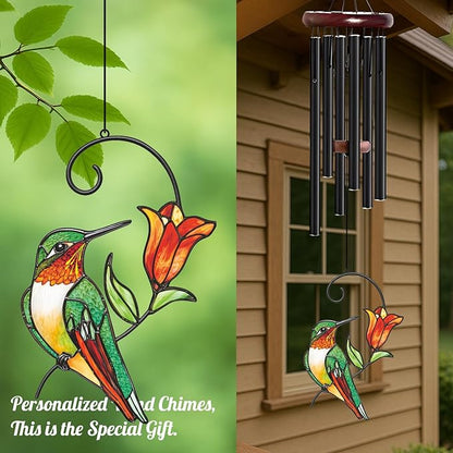 Personalized Metal Wind Chime Garden Sign, 40 Inch Outdoor Colorful Bird & Flower Memorial Decor, Yard Hanging Plaque for Patio Porch Lawn (JSTY366)
