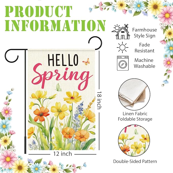 Hello Spring Garden Flag for Outside,Yellow Floral Garden Flag,Spring Flowers Yard Lawn Porch Flags for Outdoor Decorations 12x18 Inch Double Sided