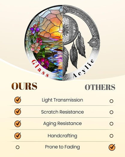 Stained Glass Window Hanging, Sunrise Lake Sun Catchers Glass Panel, Suncatcher Window Decor 8", Birthday for Women Men Mom and Friend Colleague