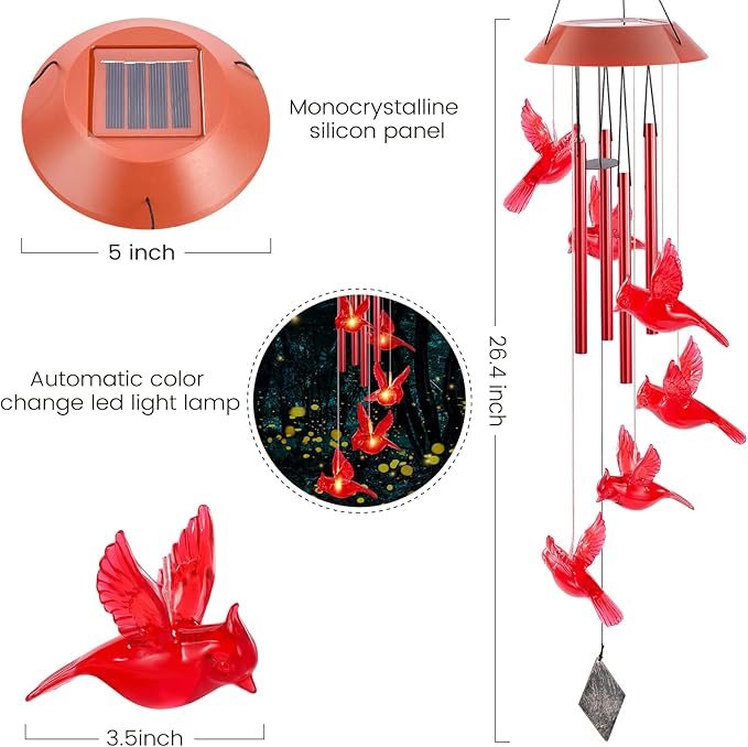 Cardinal Solar Wind Chimes,Red Bird Chimes for Outside Garden Decor, Garden Gifts Women Birthday/Thanksgiving/Christmas, for Mom/Grandma/Daughter