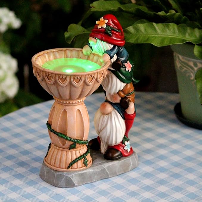 Garden Gnomes Outdoor Gnomes Garden Decorations for Yard Colorful Lights Resin Solar Outdoor Statues with Bird Bath Feeder Outside Lawn Patio Housewarming Gifts 6.25 * 4.25 * 9.25 Inch