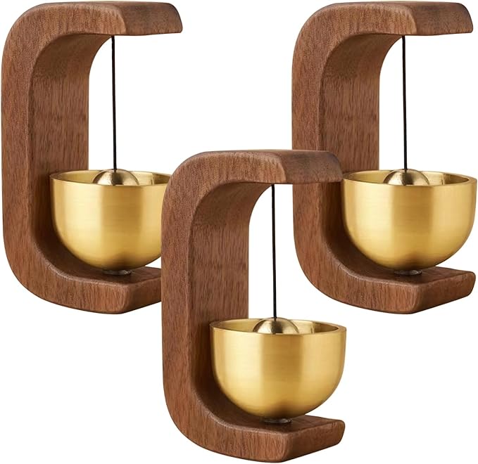 Wooden C Shaped Wind Chime, 3 Pcs Suction Door Type Solid Wood Bells, Adsorbent Walnut Doorbells with Metal Accents, Shopkeepers Bells, Modern Decorative Chimes for Homes, Gardens
