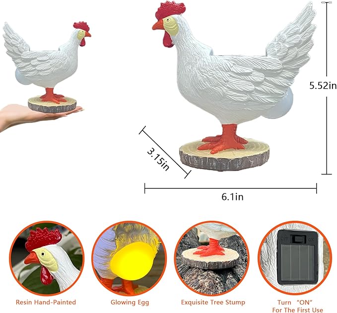 Solar Garden Statues Outdoor Decor, Miniature Chicken Egg Lamp Figurine Mother’s Day Decorations Chickens Lights with Egg in Butt LED 3D Sculpture for Patio, Lawn - Unique Christmas Housewarming Gift